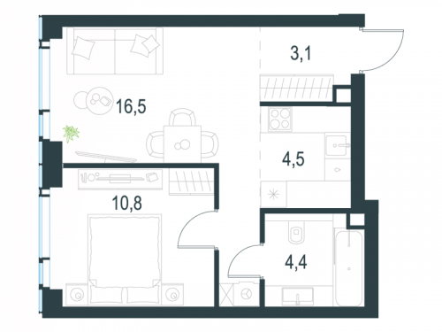 2-комнатная, 39.3 м²