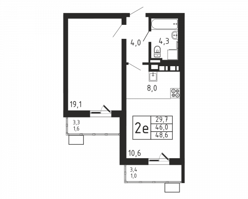 2-комнатная, квартира, 48.6 м²