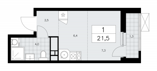 1-комнатная, 21.5 м²