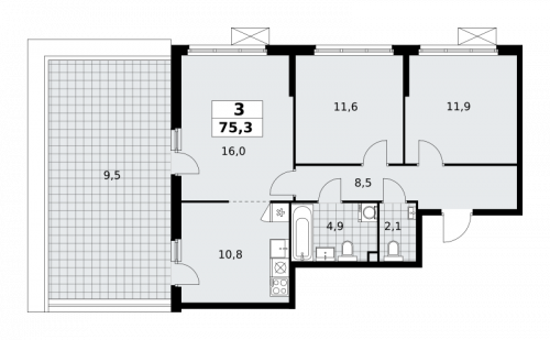 3-комнатная, 75.3 м²
