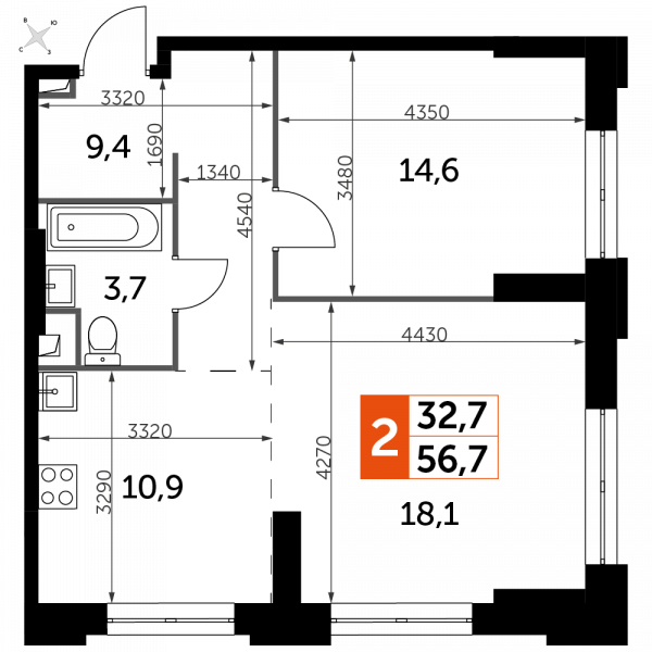 2 комнаты до 56.7