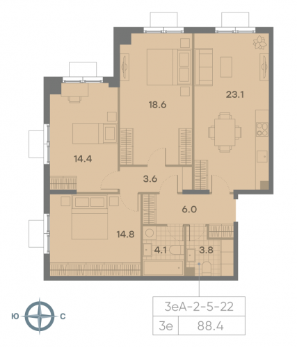3-комнатная, квартира, 88.4 м²