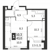 1-комнатная квартира 43 м²