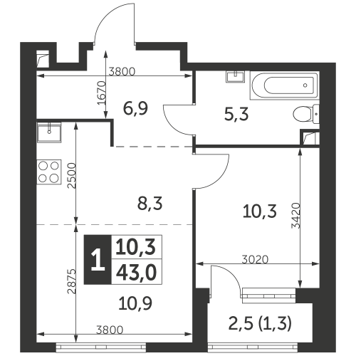 1-комнатная, квартира, 43 м²