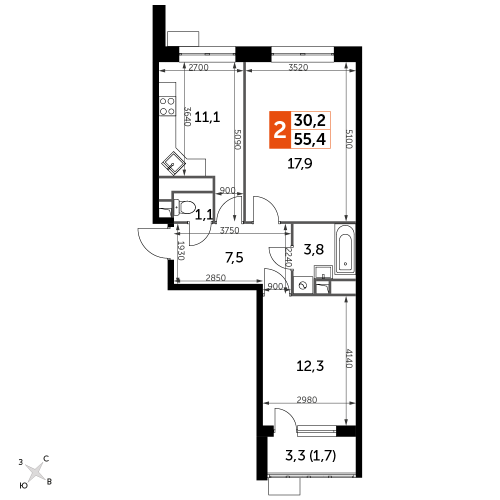 2-комнатная, 55.4 м²