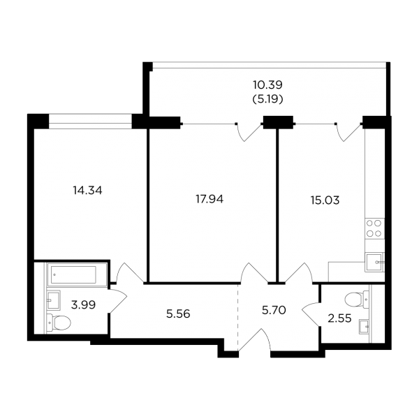 2-комнатная квартира №385, 70,3 м² за 41,68 млн руб. в ЖК «RiverSky» - планировка