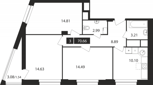 3-комнатная, квартира, 70.66 м²