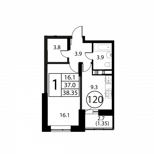 1-комнатная, квартира, 38.35 м²