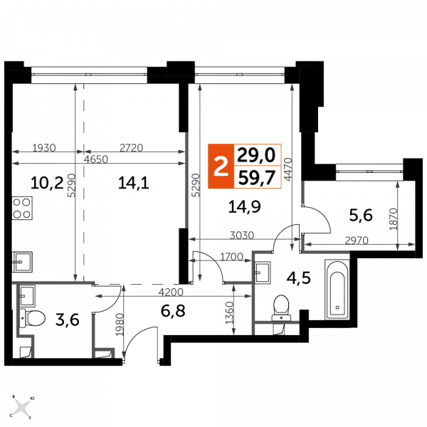 2 комнаты до 59.7
