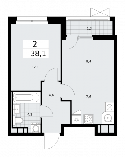 2-комнатная, 38.1 м²