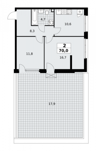 2-комнатная, 70 м²