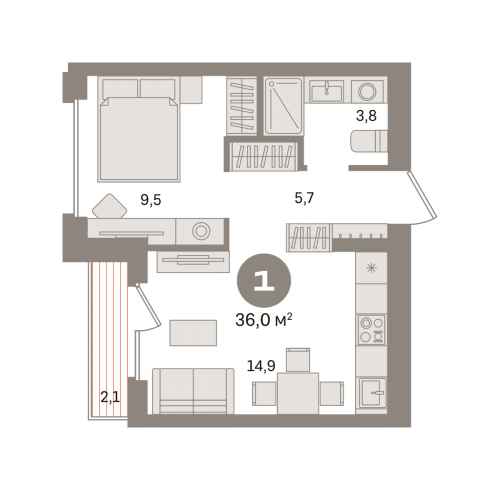 1-комнатная, квартира, 36.04 м²