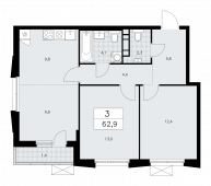 3-комнатная квартира 62,9 м²