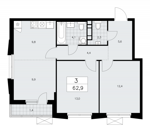 3-комнатная, 62.9 м²