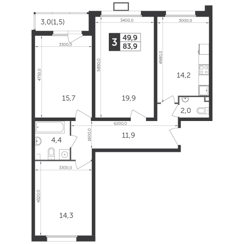 3-комнатная, квартира, 84.1 м²