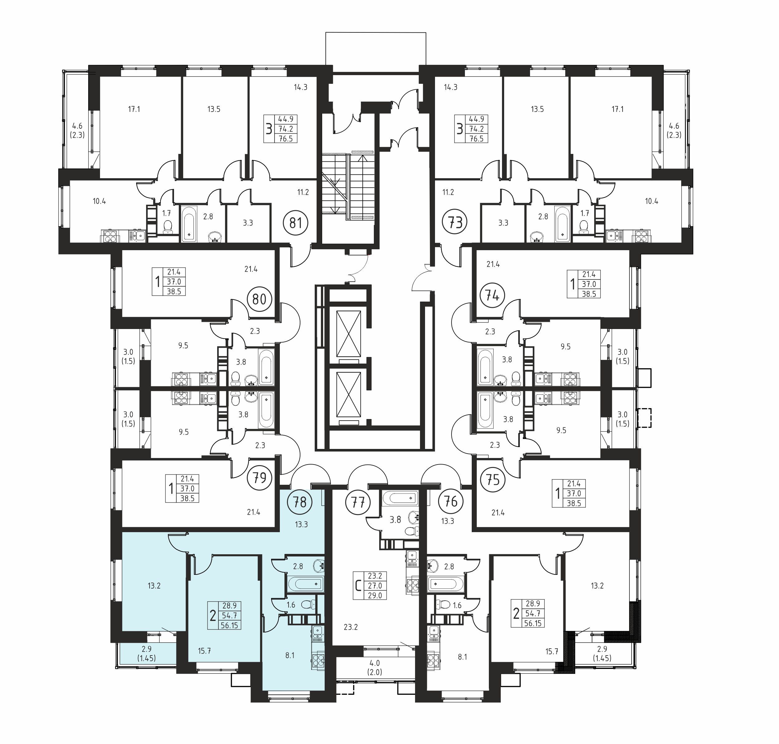 2-комнатная квартира №78, 56,2 м² за 8,53 млн руб. в ЖК «Космос» - планировка