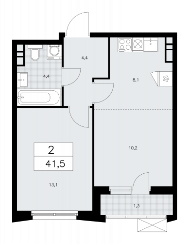 2-комнатная, 41.5 м²