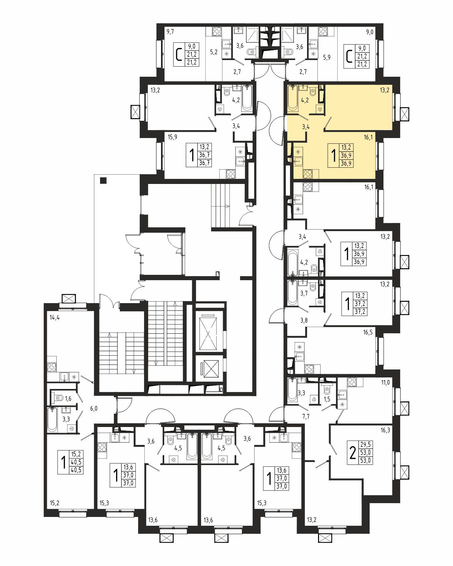 1-комнатная квартира №123, 36,9 м² за 6,20 млн руб. в ЖК «Берег» 2 очередь - планировка