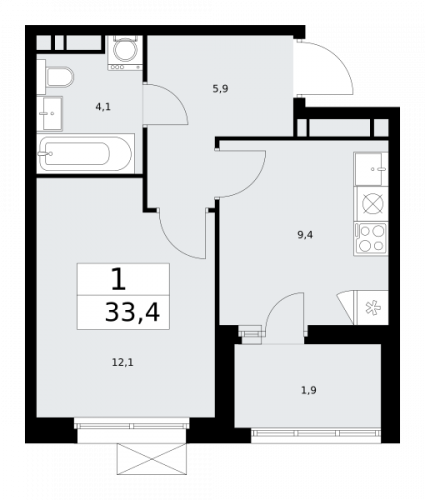 1-комнатная, 33.4 м²