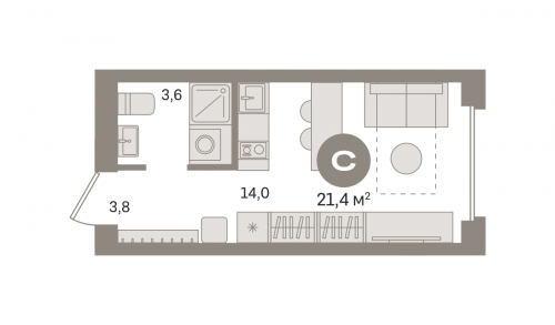 Студия, 21.41 м²