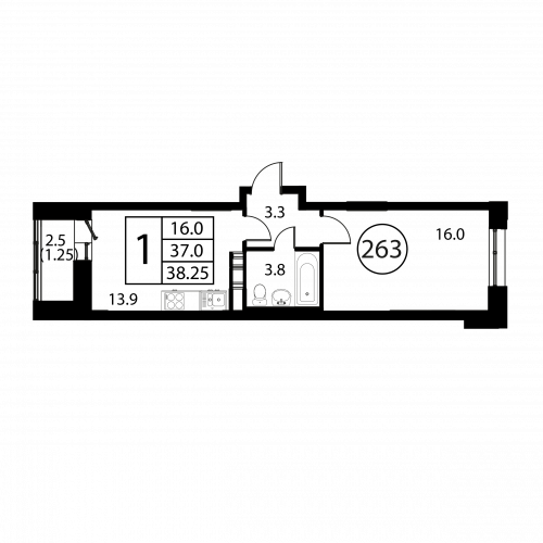 1-комнатная, квартира, 38.25 м²
