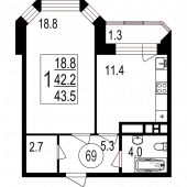 1-комнатная квартира 43,5 м²