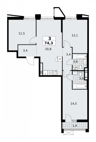 3-комнатная, 74.3 м²