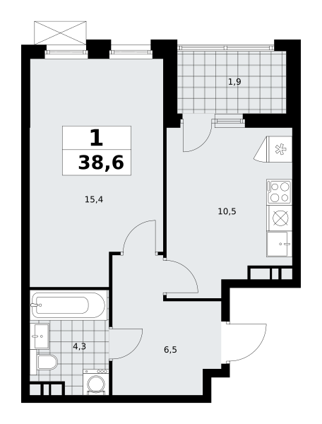 1-комнатная квартира №23К-18.2.3-402, 38,6 м² за 12,38 млн руб. в ЖК «Скандинавия» - планировка
