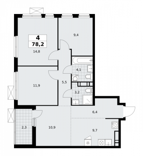 Многокомнатная, 78.2 м²