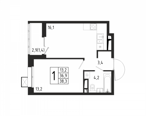 1-комнатная, квартира, 38.3 м²