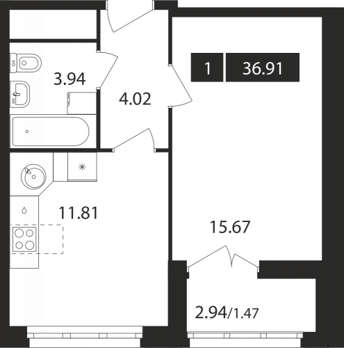 1-комнатная, квартира, 36.91 м²