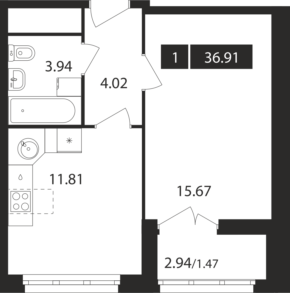 1-комнатная квартира №4, 36,9 м² за 10,20 млн руб. в ЖК «Планерный квартал» - планировка
