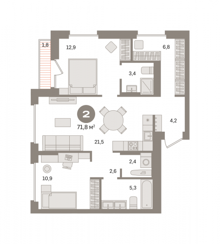 2-комнатная, квартира, 71.77 м²