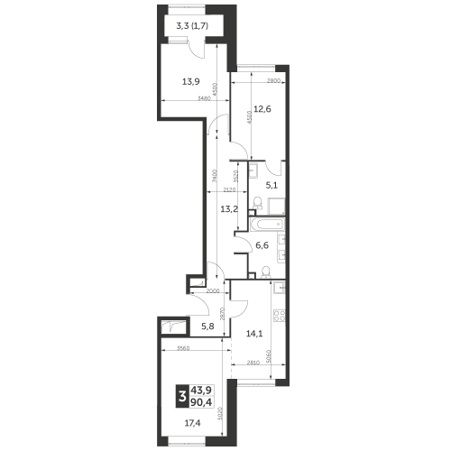 3-комнатная, квартира, 90.4 м²