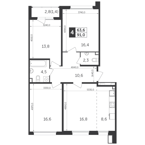 Многокомнатная, квартира, 91.1 м²