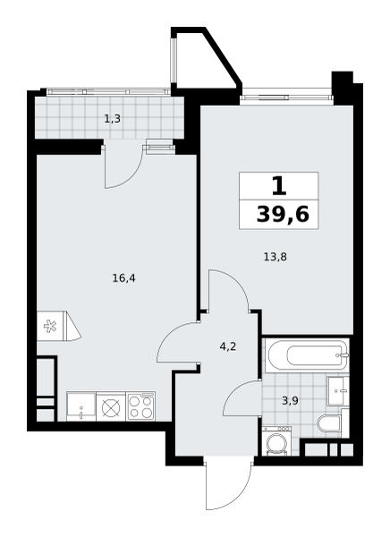 1-комнатная квартира №58К-7.1.1-190, 39,6 м² за 12,66 млн руб. в ЖК «Прокшино» - планировка