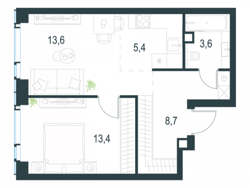 2-комнатная, 44.7 м²