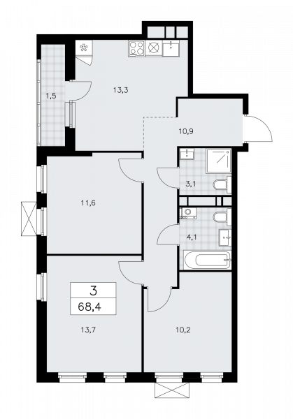 3 комнаты до 68.4