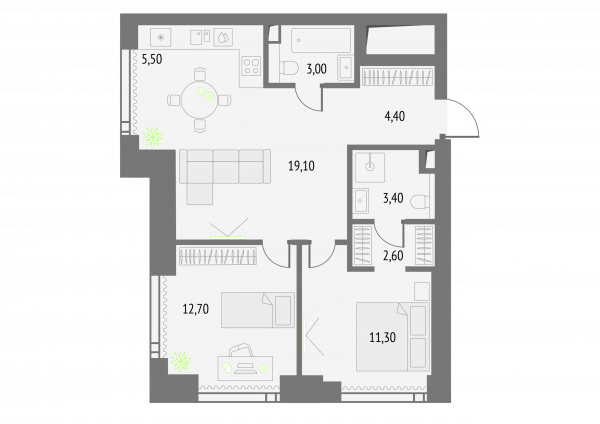 2 комнаты до 63.2
