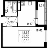 1-комнатная квартира 37,16 м²