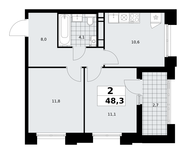 2-комнатная квартира №58К-7.1.3-505, 48,3 м² за 16,13 млн руб. в ЖК «Прокшино» - планировка