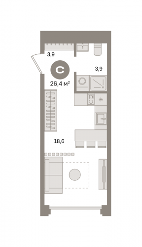 Студия, 26.4 м²