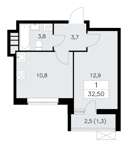 1-комнатная, 32.3 м²