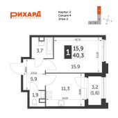 1-комнатная квартира 40,3 м²