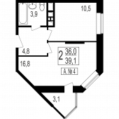 1-комнатная квартира 36 м²