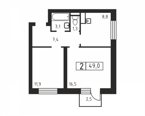 2-комнатная, 49 м²