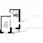1-комнатная квартира 72,8 м²