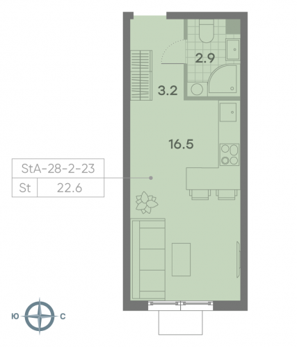 Студия, 22.6 м²