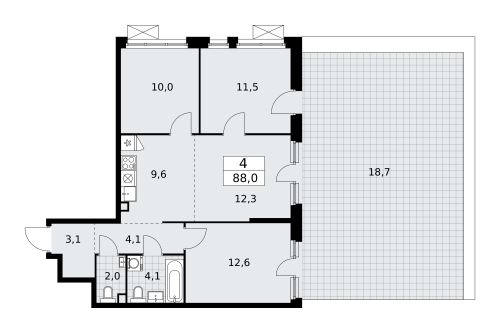 Многокомнатная, 88 м²