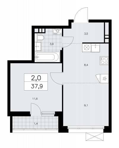 2-комнатная, 37.9 м²